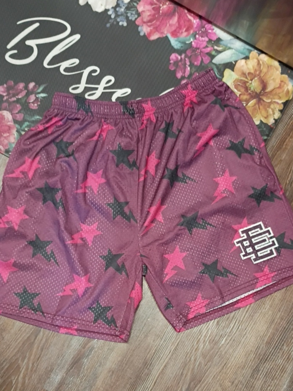 Bape Maroon Shorts with Pink and Black Star Print